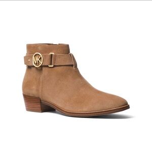 Michael Kors Tan Suede Ankle Boot with Gold MK Accent